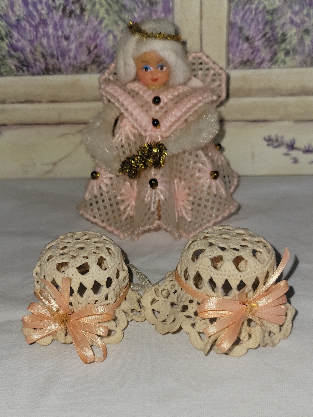 Vintage Handmade Plastic Canvas Angel & Crochet Bonnet Ornaments Bundle Lot 3pc